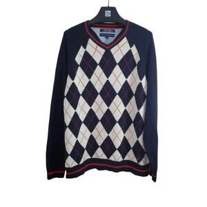 Vintage Tommy Hilfiger Argyle Sweater Pullover V Neck Blue Red White Cotton L